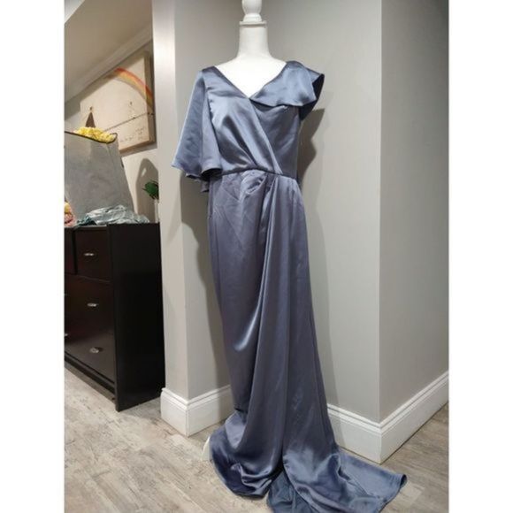 Amsale Asymmetric Ruffle Sleeve Gown Size 14 NWOT - Picture 5 of 11